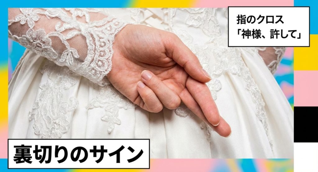 指でクロスするサインに隠された嘘と伏線の意味を示す画像。