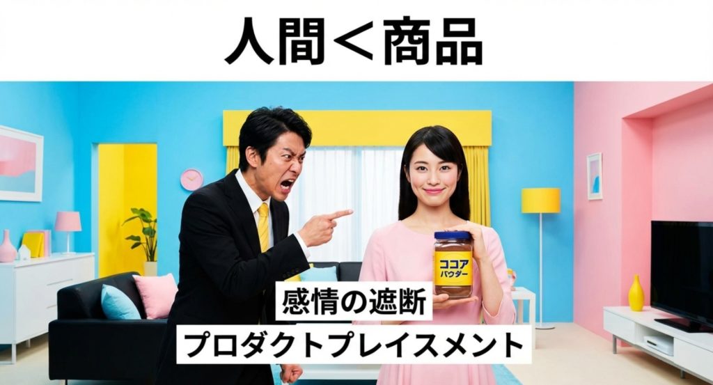 商品広告が日常に侵食するプロダクトプレイスメントを示す画像。