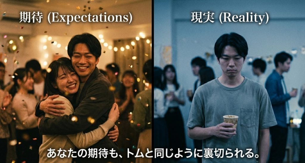 期待と現実の二画面演出が示す残酷な格差を示す画像。