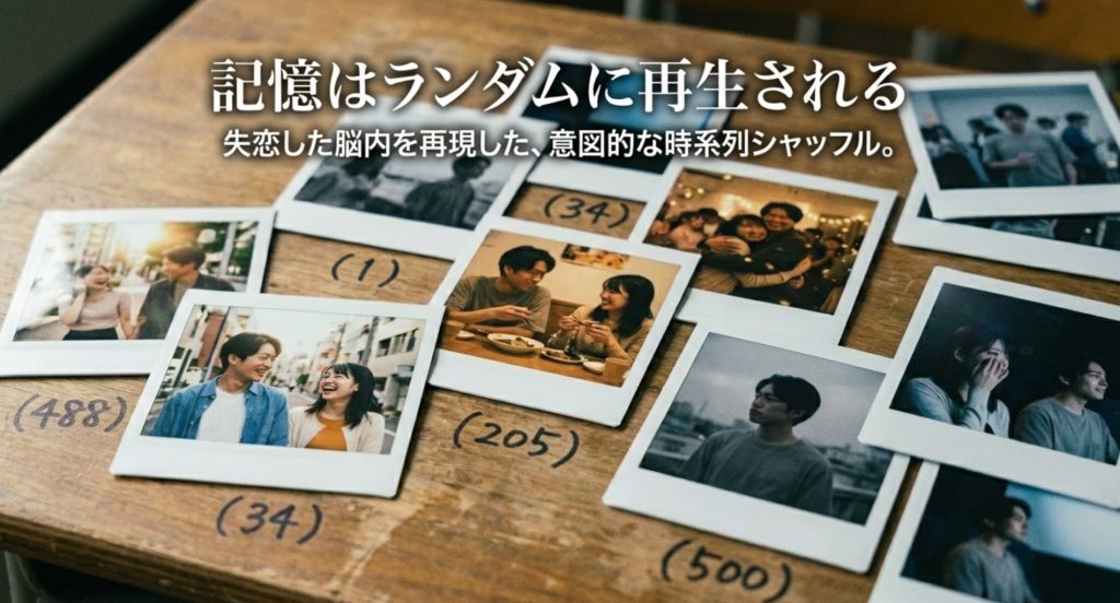 あらすじと時系列シャッフルに込められた演出意図を示す画像。