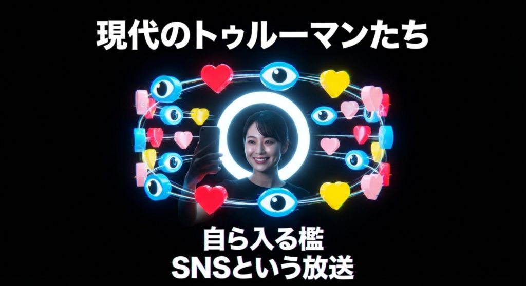 SNS時代のプライバシー剥奪とセルフ監視の連鎖を示す画像。