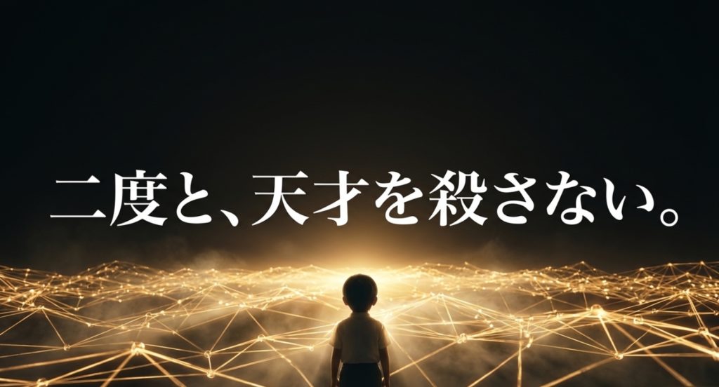 二度と天才を殺すような社会にしてはいけないを示す画像。